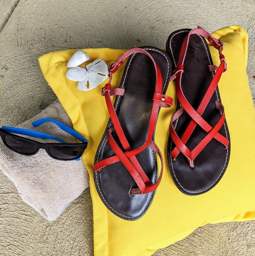 Red Leather Sandals with Gold Buckle